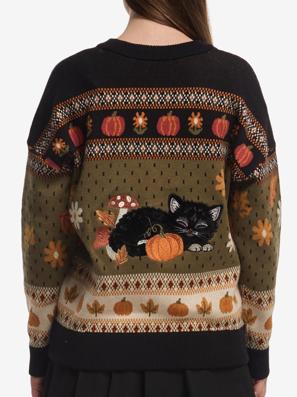 Hot Topic Black Olive Cat & Pumpkin Knit Cardigan - Picture 2 of 5